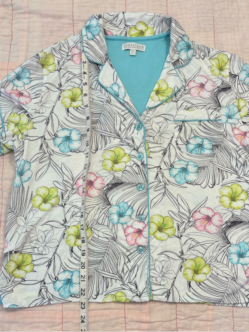 P.J. Salvage Hibiscus Flower Shorts Set, Sz M, Aqua Trim, Yellow, Pink - Picture 3 of 16